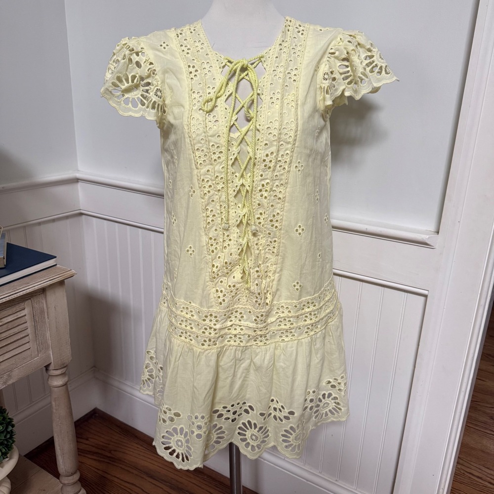 NWT Free People Eyelet Lace Mini Dress Pale Yellow Lace Up Open Back XS